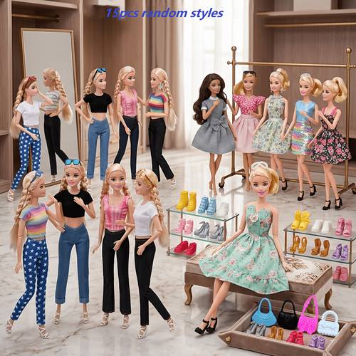 15pcs girl doll clothing and additions set random styles 2 dresses 2 tops 2 pants and 9 additions cute and match outfit set fits 11 5in 30cm dolls doll not included