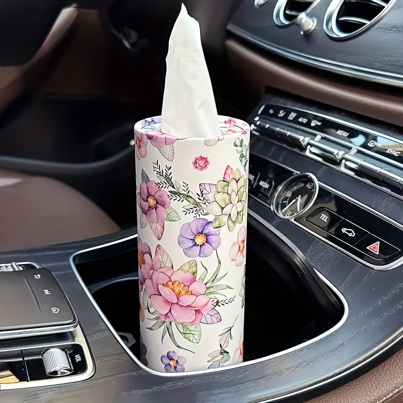 TEMU 1pc White Flowers Car Tissues Box Holder - Travel Cylinder For Car Cup Holder And Home Dining Table