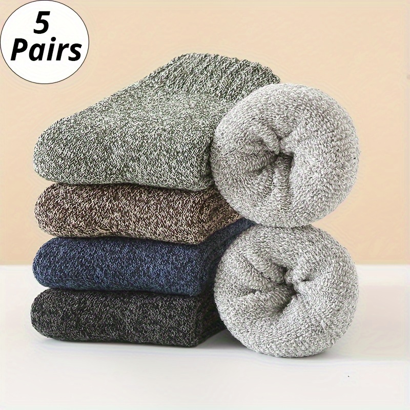 

5pcs Men's Thick Warm Crew Socks For Fall/winter - Cozy, Breathable Polyester , Solid Color, , Men's Thick Socks, Autumn Winter, Warm, Striped, Plus Size