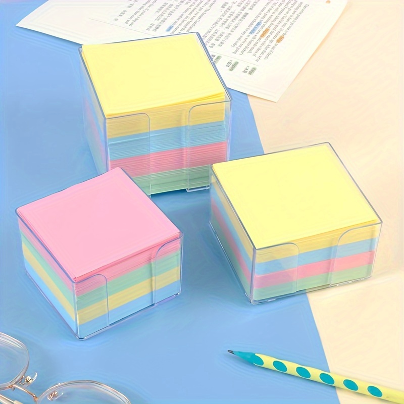 

500 Sheets Self-stick Notes Set, Non-adhesive, Macaron Colors, 3x3 Inch, Square Shape, Transparent Acrylic Holder, For Office, School, Home Organization