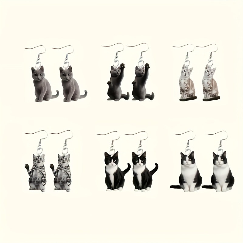 

6 Pairs Themed 2d Acrylic Earrings Set, Iron Post, Party Gift For Cat Lovers, Jewelry