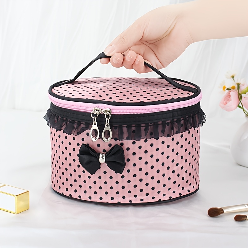 

Polka Dot Makeup Bag With Bow And Lace Trim, Large Capacity Polyester Cosmetic Pouch With Handle, Portable Travel Organizer For Women, Unscented, Random Printing Design