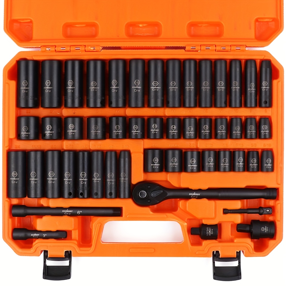 TEMU Horusdy Drive Impact Socket Set, Standard Sae And Metric Size, 6 Point, , Drive Ratchet Wrench, Bar, Impact Universal Joint(50pcs 3/8" | 56pcs