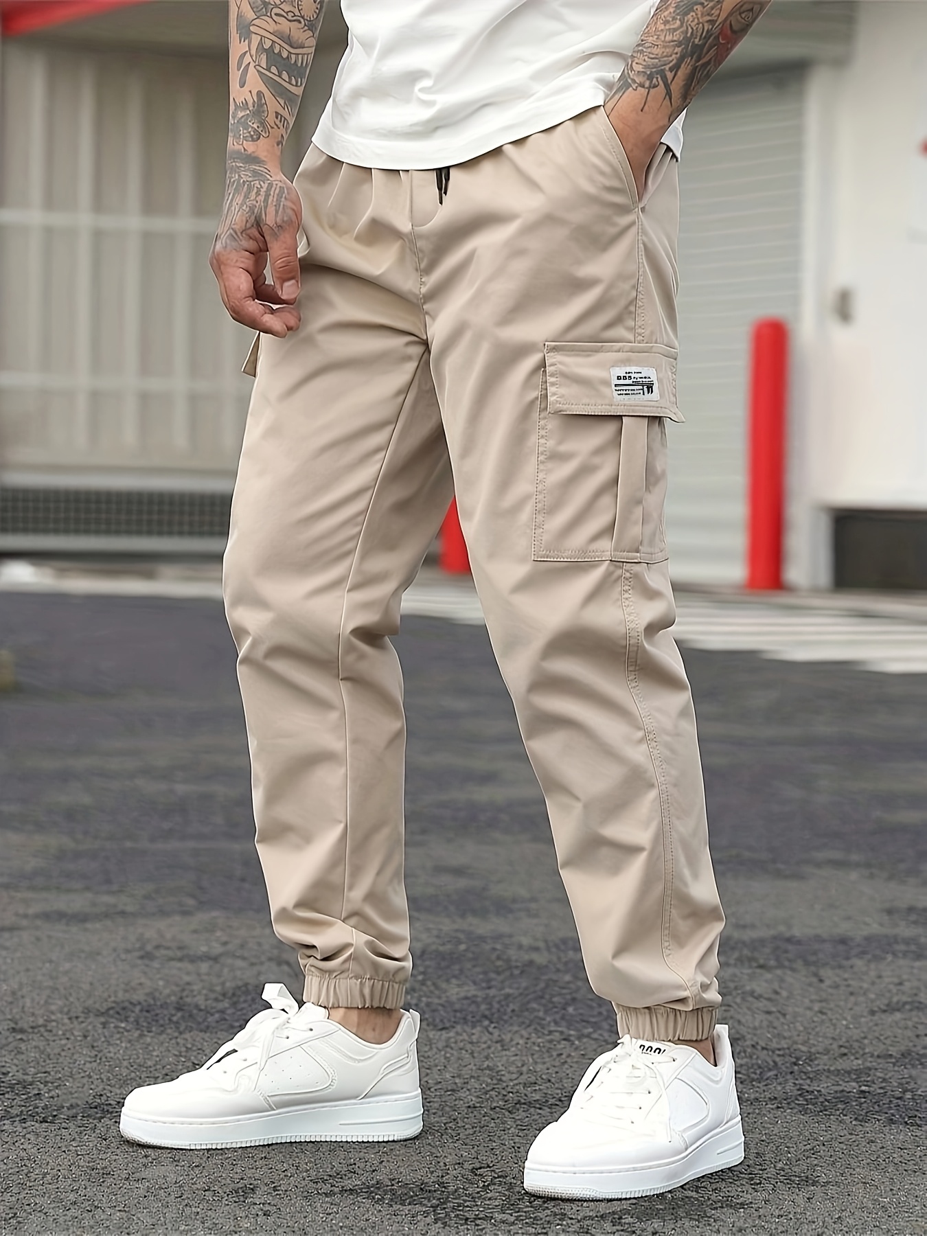 men's beige cargo pants multiple pockets casual non stretch Temu