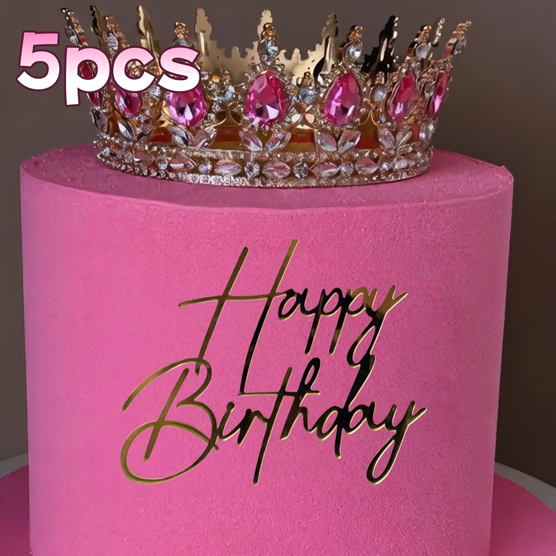 Image of 5pcs Golden Happy Birthday Cake Decoration Acrylic Baking Decoration Happy Birthday Cake Insert Modern Top Decoration, Halloween, Christmas