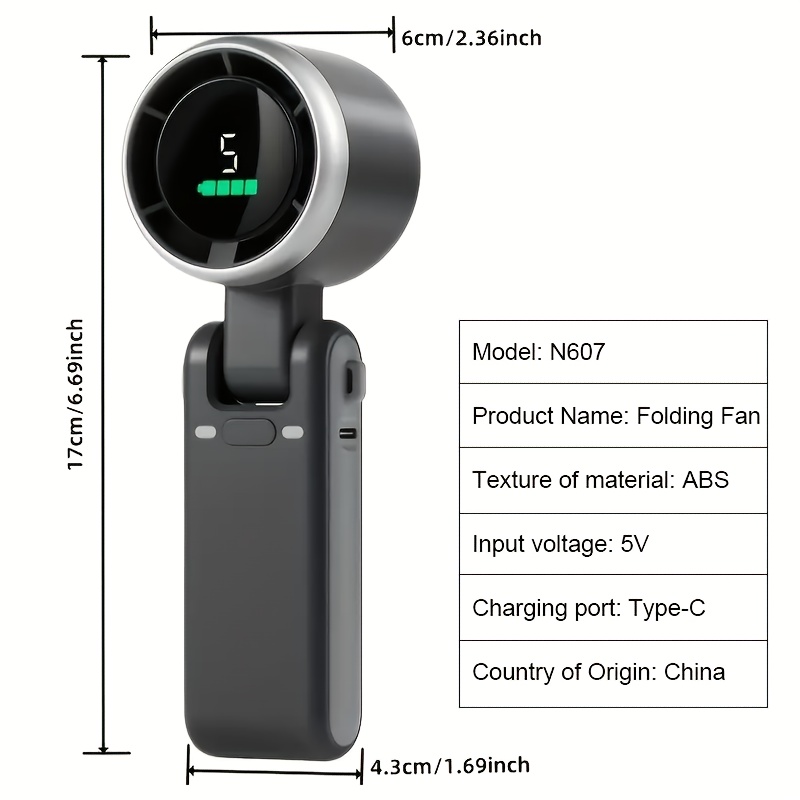 Portable Folding Fan, Mini Turbo Power USB Rechargeable Personal Fan with 5 Speeds and Digital Display, Suitable for Men and Women Outdoor Travel Camping Neck Hanging