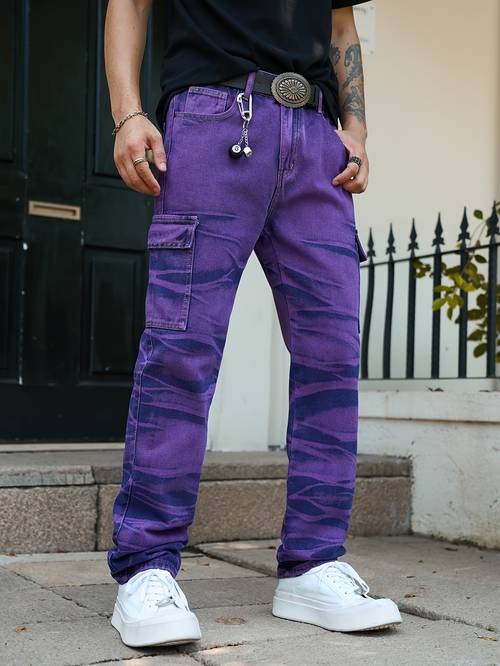 herenmode casual outdoor paarse distressed jeans, veelzijdige street style, multi-pocket utility hardloop sport trendy casual ademend