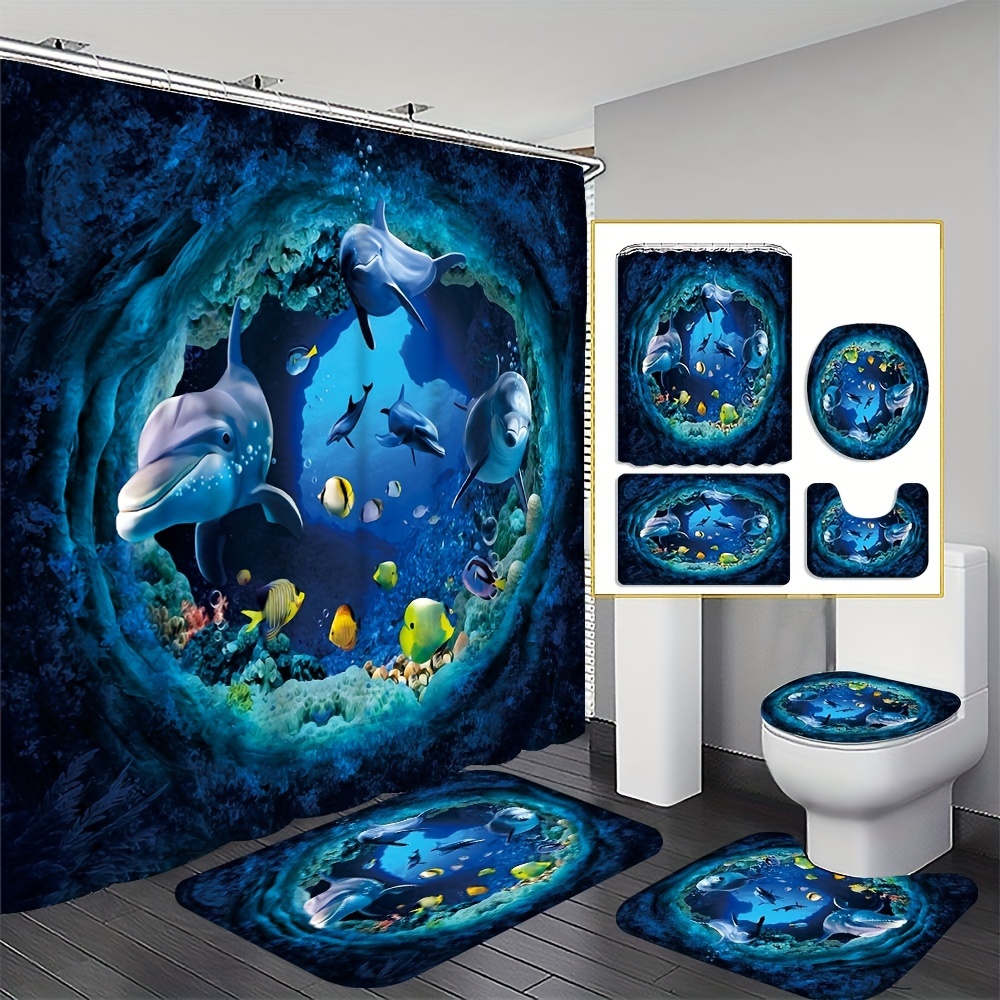 

Dolphin Collection Printed 4-piece Set Home Shower Curtain Bathroom Curtain Floor Mat With Non-slip Blanket 4-piece Bathroom Mat Set