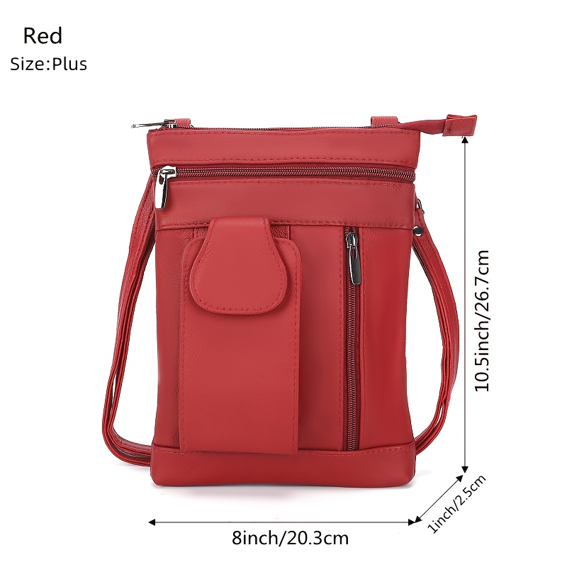 TEMU Genuine Leather Women's Crossbody Bag With Adjustable Strap & Zipper Closure - Large Capacity Multi-compartment Purse, Polyester Lined, Edge