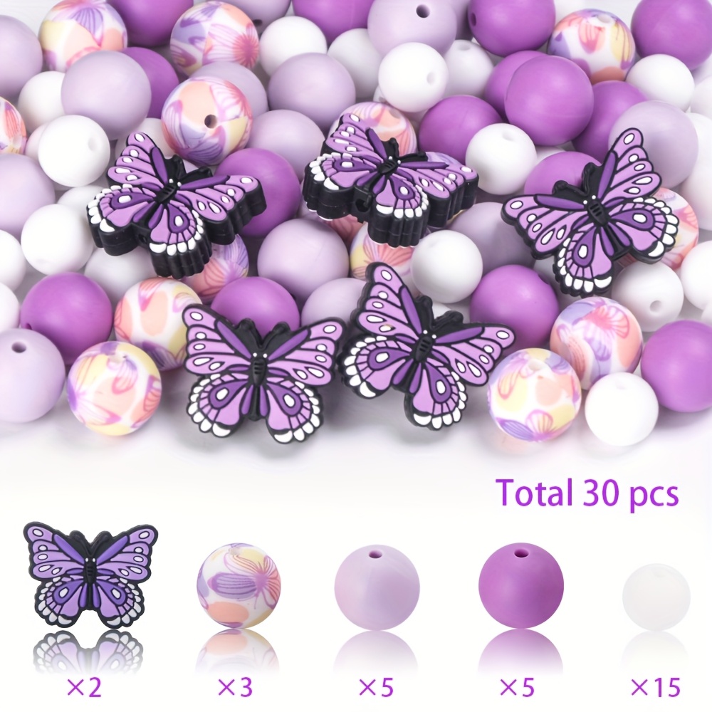 E-shop 30 Stück Schmetterlings-Silikonperlen, Schmuckherstellungsset mit rosa, lila, gelben und blauen Schmetterling-Perlen sowie 12/15 mm runden