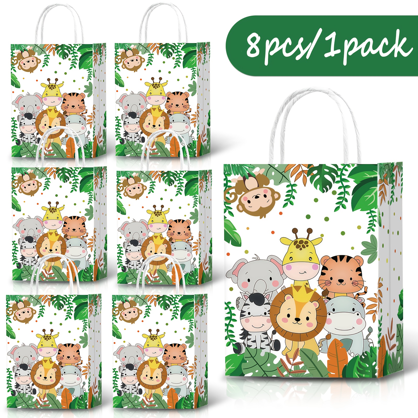 Image of Gift For Her/him 8pcs Jungle Party Decorations, Thick Paper Gift Bags With Handles, Jungle Wildlife Birthday Gift Bags, Animal-themed Paper Party Gift Bags For Birthday Celebrations