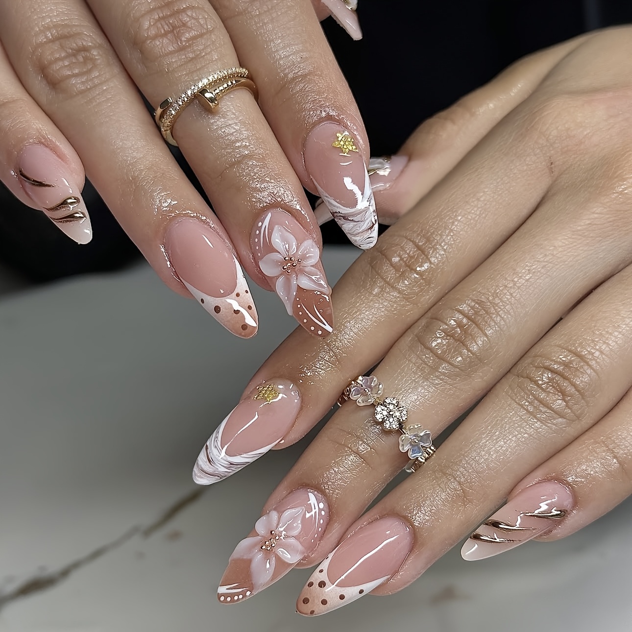 TEMU 24pcs Nude Pink And White Floral Press On Nails - Long Glossy French Style Fake Nails With 3d Embossed Flowers And Details, Elegant Full Cover