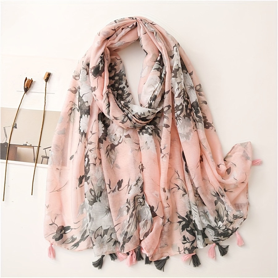 

2024 's Pink Base Black Large Floral Pattern Soft Tassel Scarf Casual Silk Scarf For Sun Protection And Beach Use