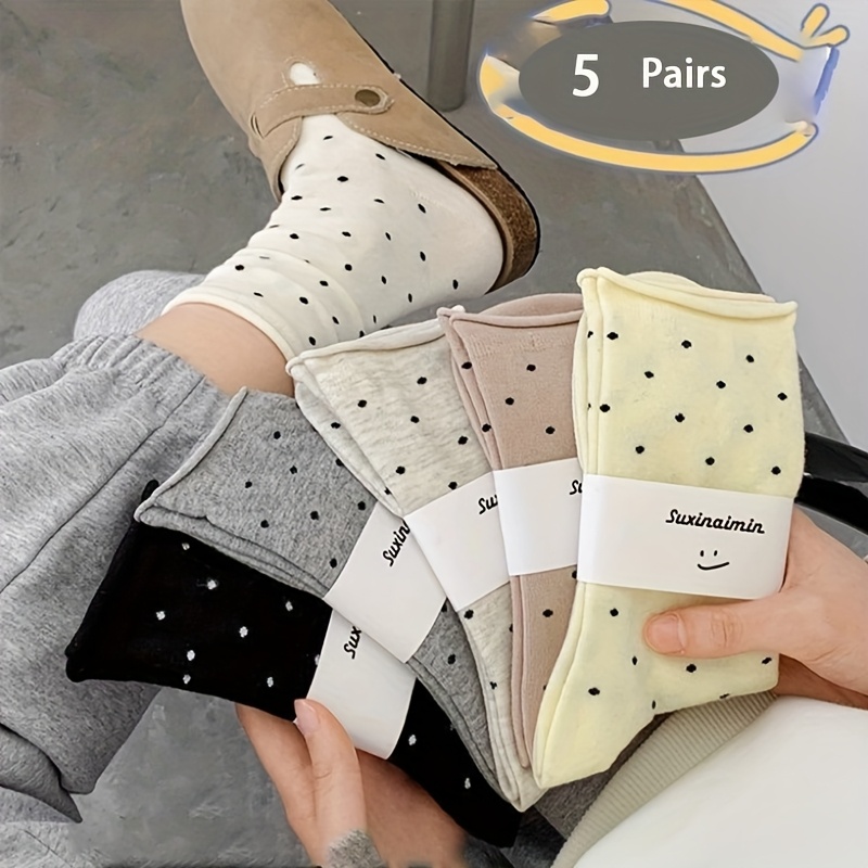 Mixed Color Random 5-pair Mid-calf Socks - Jm - Simple, Comfortable, Stylish, And Versatile Polka Dot Pattern Combination Socks