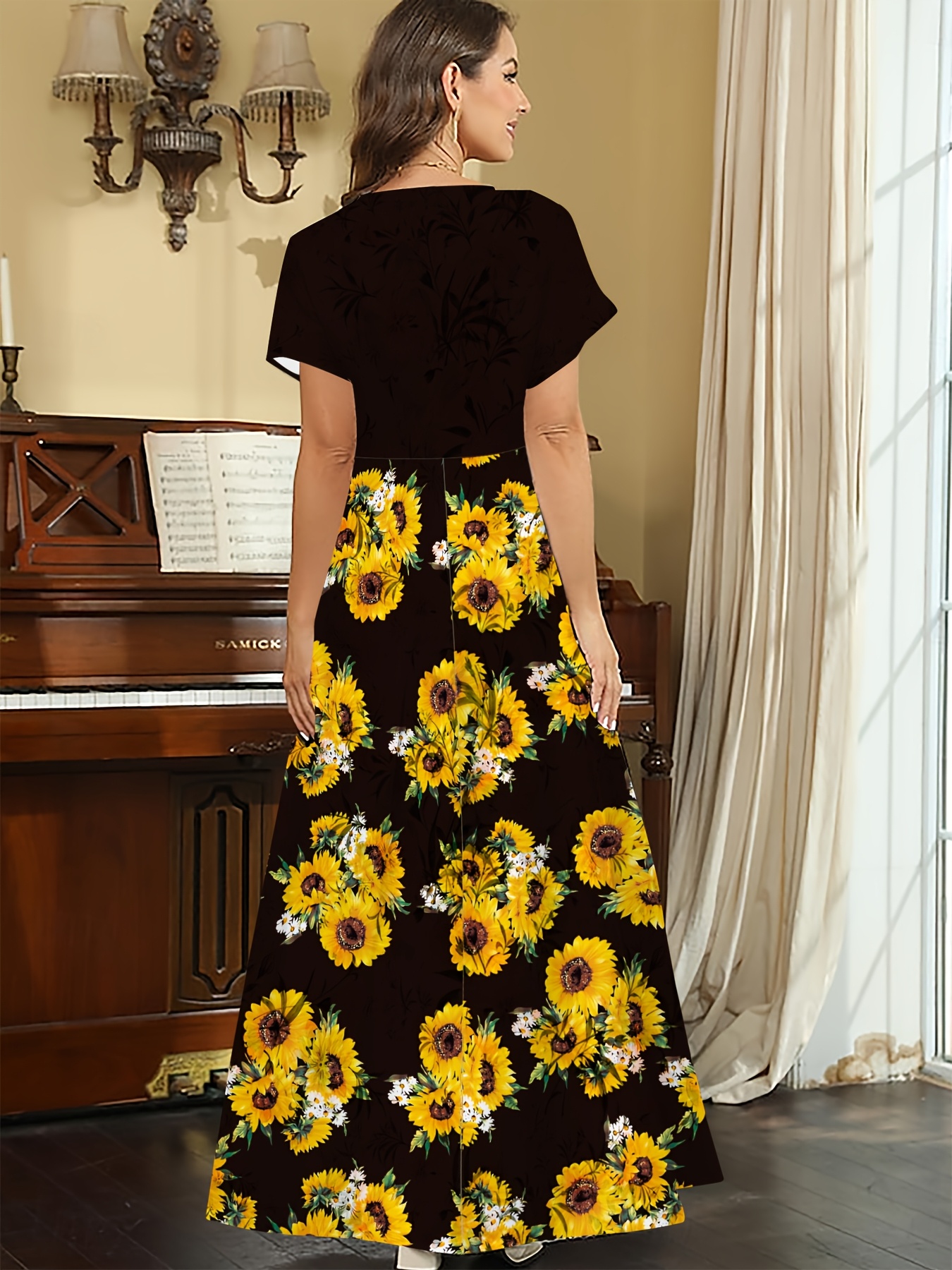 womens elegant sunflower print midi dress polyester 95 - Temu