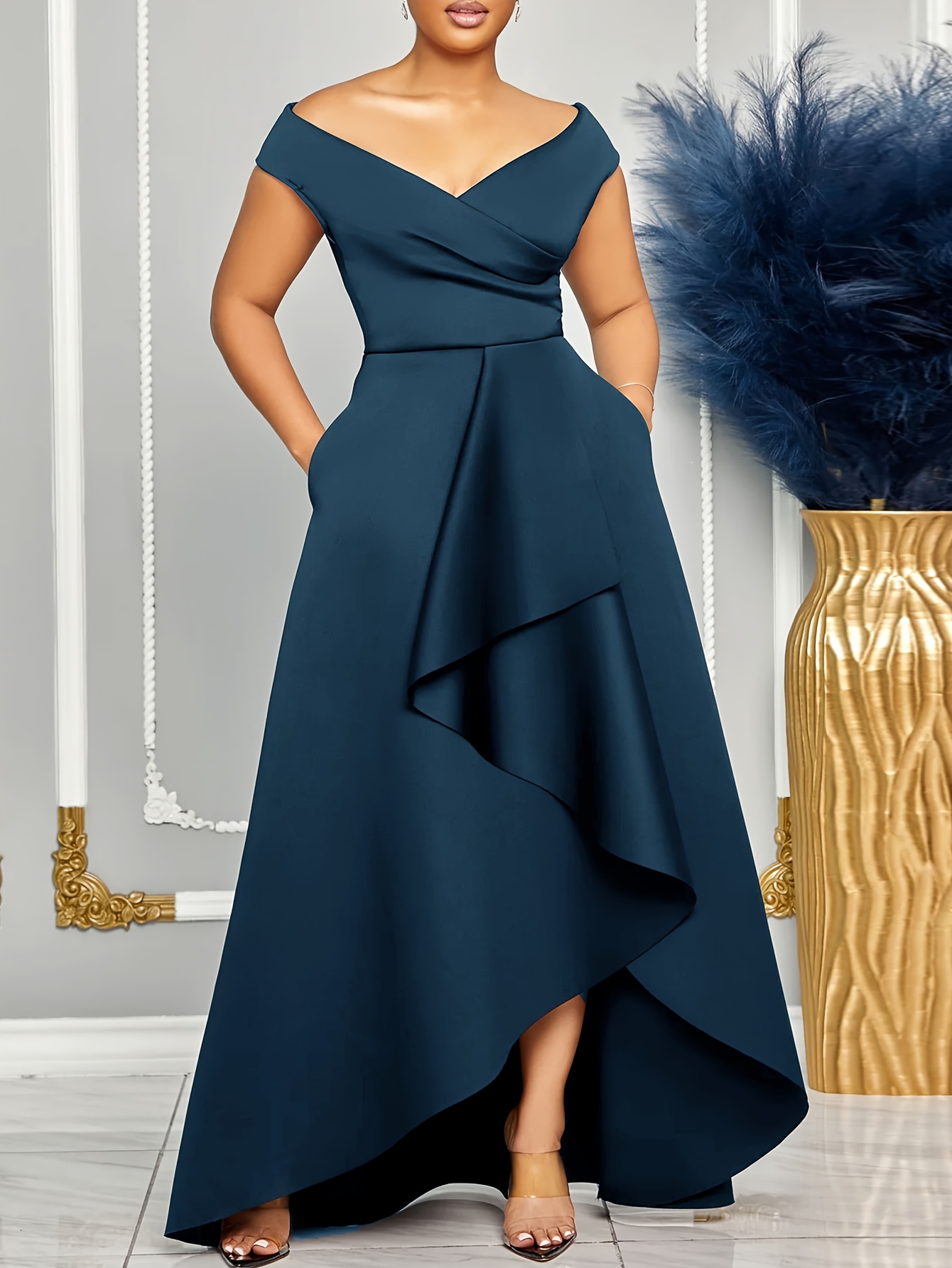 Elegant Off-Shoulder Bodycon Dress for Women - Chic Solid Color Mid-Length Party Dress with Deep V-Neck, Short Sleeves, and High-Low Hemline, Perfect for Summer Events and Special Occasions, Special Occasion Dress | Bodycon Silhouette | Sleek Fitted Design