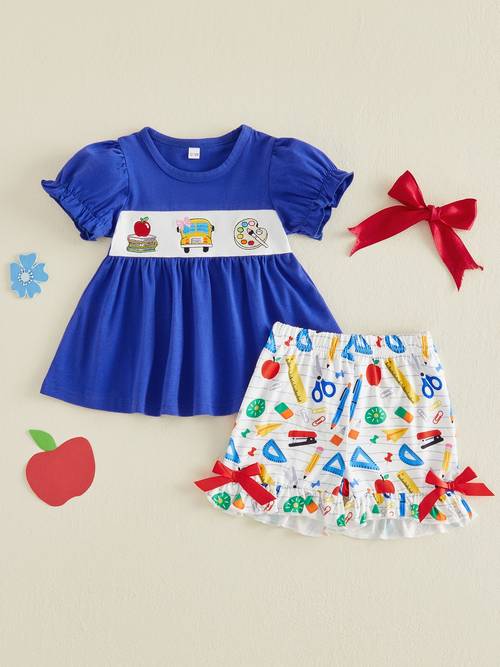 2pcs girls school uniform outfit 2pcs short puff sleeve t shirt elastic ruff shorts with trim round neck suit machine washable back to school clothes for 1 5t outdoor
