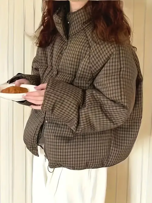 여성용 숏 플레드 패딩 자켓, 겨울 캐주얼 스타일, 폴리에스테르, 슬리브리스, 벨트 없음, 방수 기능 없음, 긴팔, 숏 길이, 포켓 디테일, 짠 원단