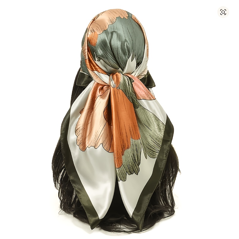 Fashion Blooming Green Floral Pattern Women's Plus Size Square Scarf, 35.4 Inches, Multi-functional Use Headscarf, Bandana, Shawl, Suitable For Summer Hiking, Beach Parties