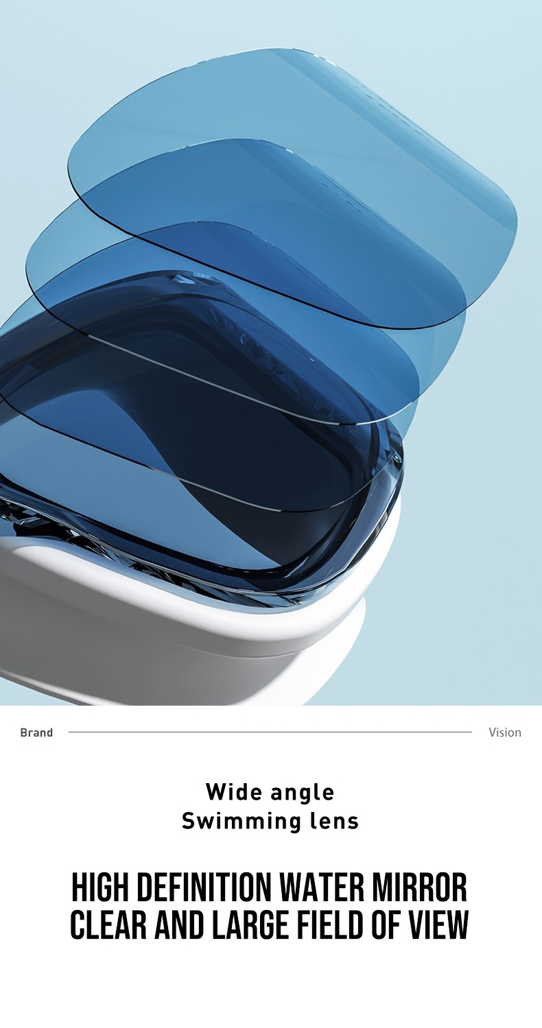 Adult high-definition swimming goggles, made of durable PC material, leak proof, with non fogging lenses and a frame design that provides a wide field of view. Available in black, white, and blue, unisex