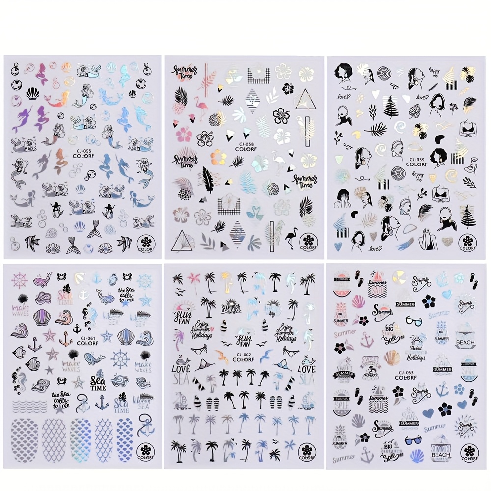 Image of 6 Sheets Summer Nail Art Stickers Decals Summer Palm Tree Nail Stickers Summer Stickers For Nails Starfish Beach Coconut Manicure Decals Sliders For Summer Nail Art Decorations