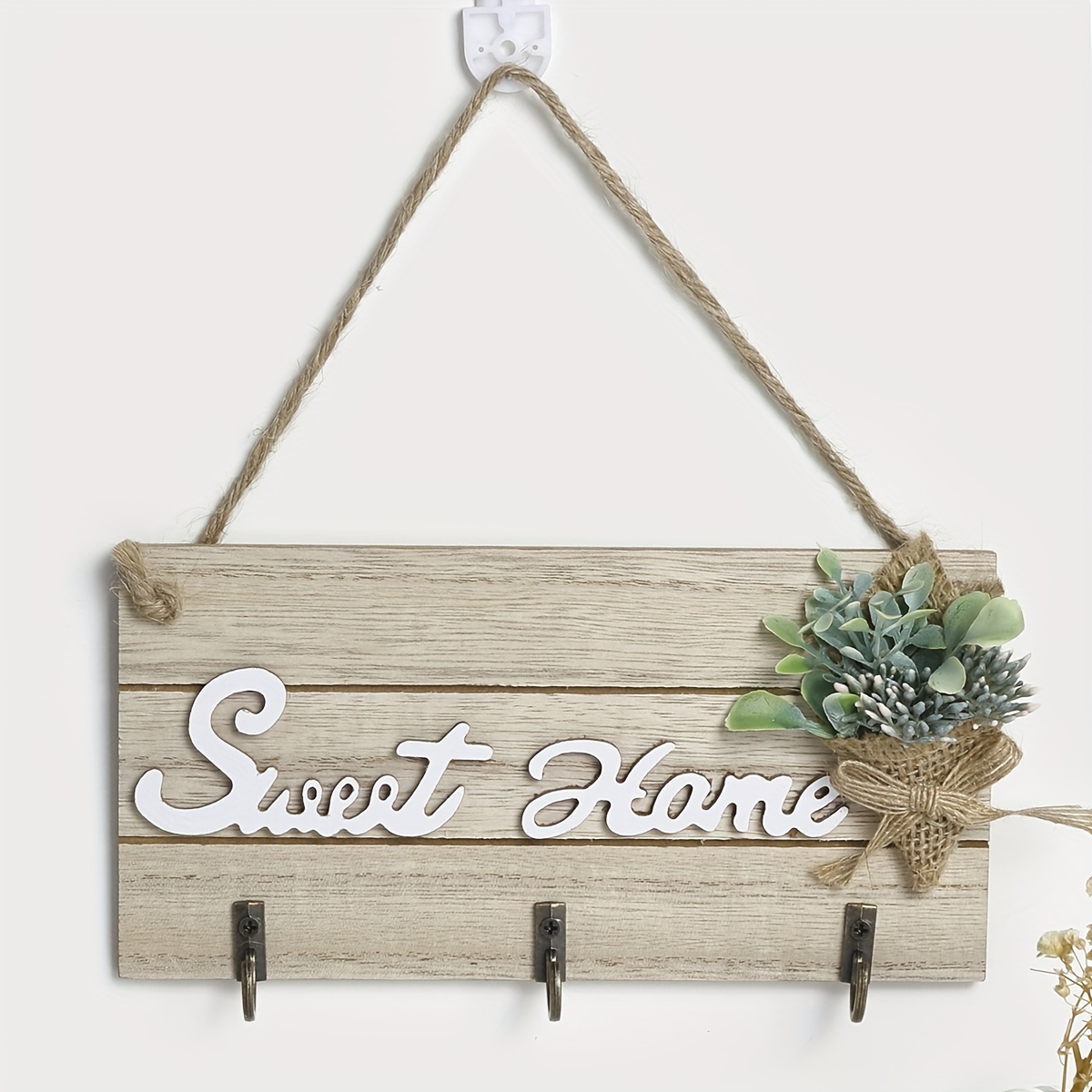 

Contemporary Wooden Wall-mounted Hook Rack With Decorative Florals And "sweet Home" Lettering, Easy Install Entryway Organizer