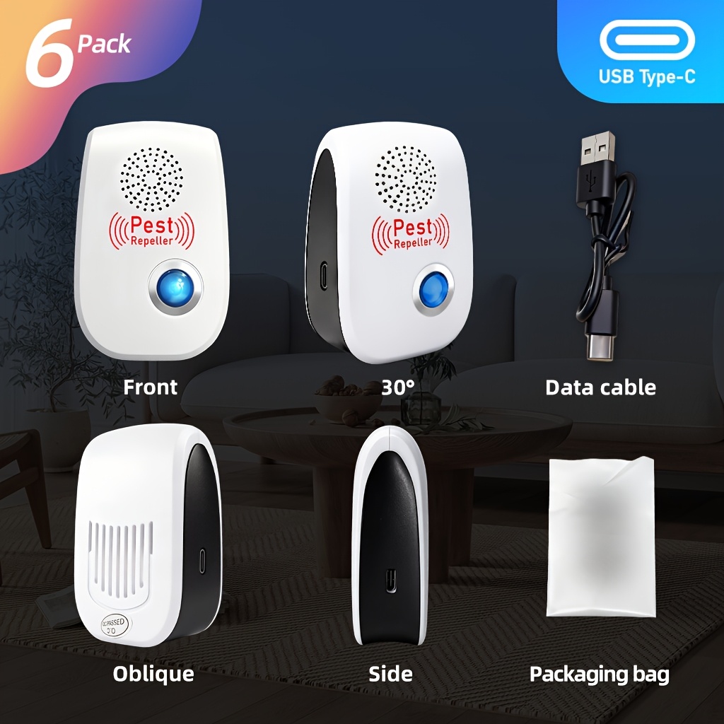 Répulsif à Ultrasons Technologie Soundwave, Alimentation USB, Pack de 6, Inclut 6 Câbles USB-C, Nouvelle Version 2026 avec Double Buzzers, Efficacité Doublement Améliorée pour Repousser les Nuisibles : Moustiques, Souris, Mouches, Cafards, Araignées, – Image 7