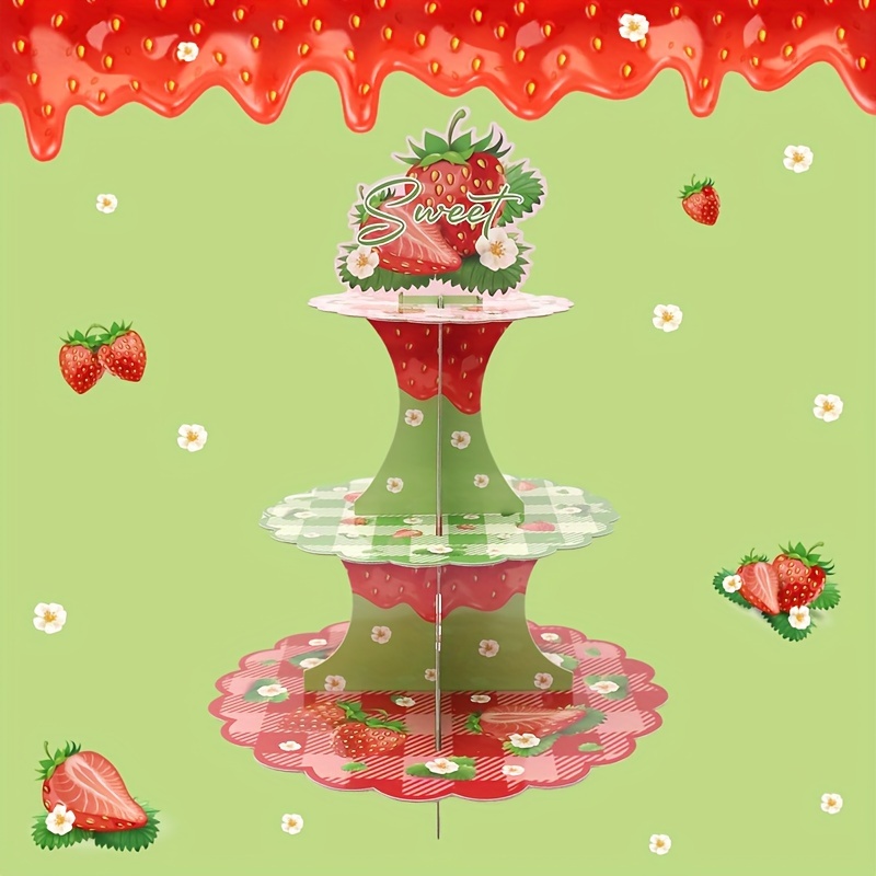 

Strawberry Themed 3-tier Paper Cake Stand: Perfect For Birthday, Baby Shower, Or Wedding Decorations