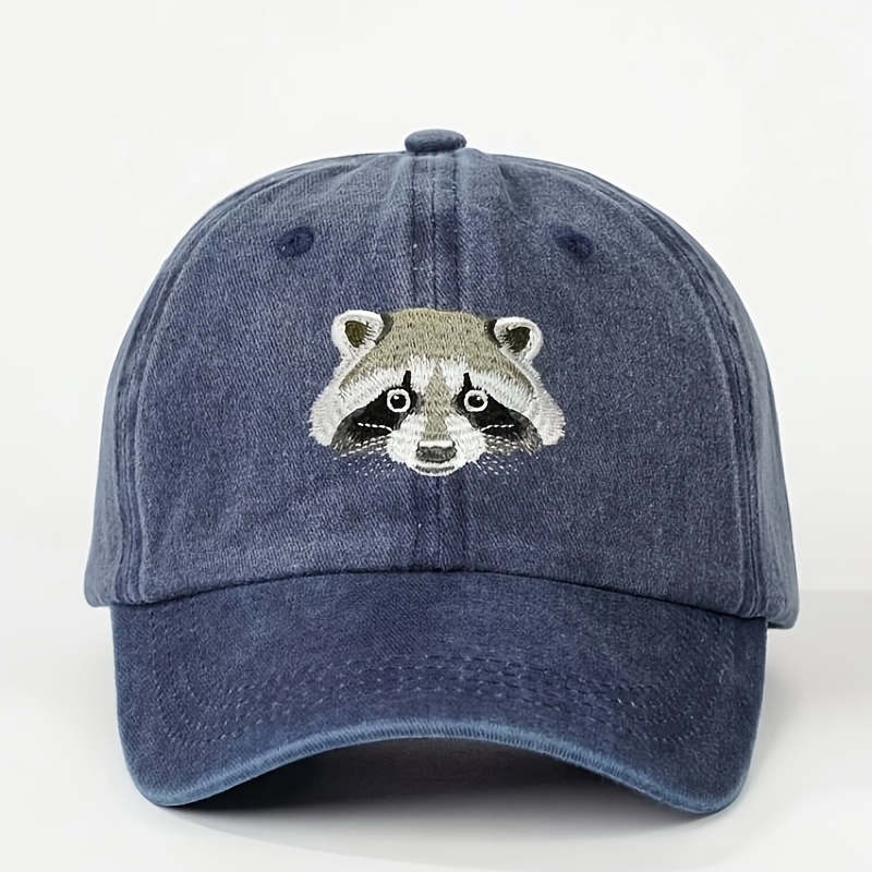 TEMU A Top Embroidered Raccoon Washed Baseball , Adjustable Size, Suitable For Outdoor Activities And Autumn, Versatile For Casual Wear, Perfect For