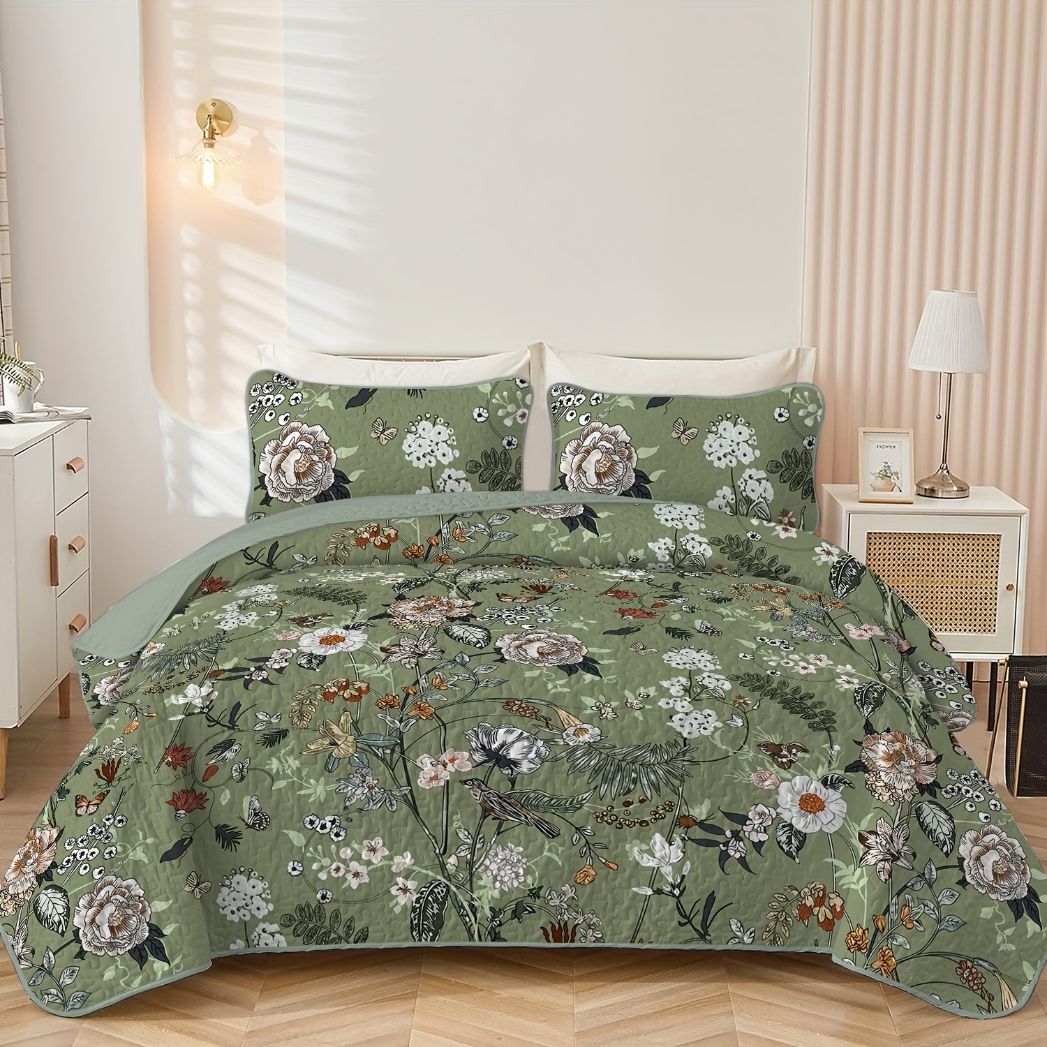 

Soft & Lightweight 3-piece Bedding Set - Floral Print, Includes Quilt And Pillowcases (no Filling), Perfect For All Seasons, Machine Washable Polyester