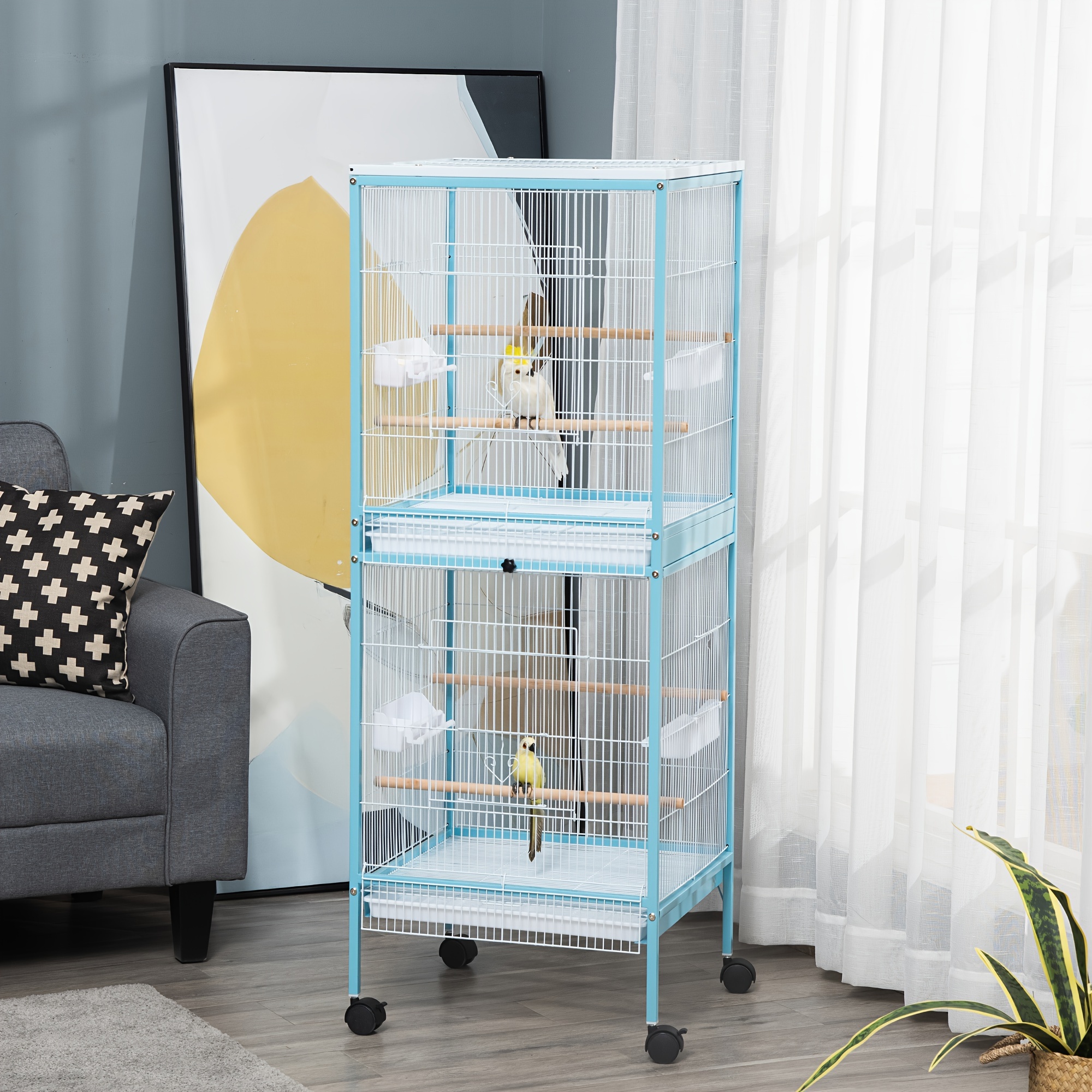 

Pawhut Large Bird Cage With 1.7 Ft. Width For , Bird Aviary Indoor With Multi-door Design, Fit For A Canary, Finch, Conure, 55", Light Blue