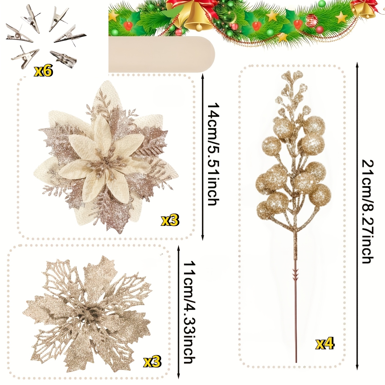 TEMU 10pcs Poinsettia   Berries   Free 6pcs Clips Set, Champagne-colored Christmas Poinsettia Artificial Flowers With Branches, For Christmas Home