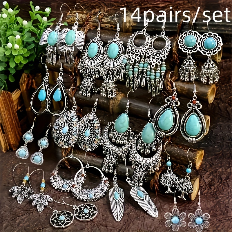 

14 Pairs/set Bohemian Ethnic Vintage Drop Earrings Set Acrylic Turquoise Drop Earrings For Women Elegant Daily Outfit Party Jewelry Women's Earrings Accessories