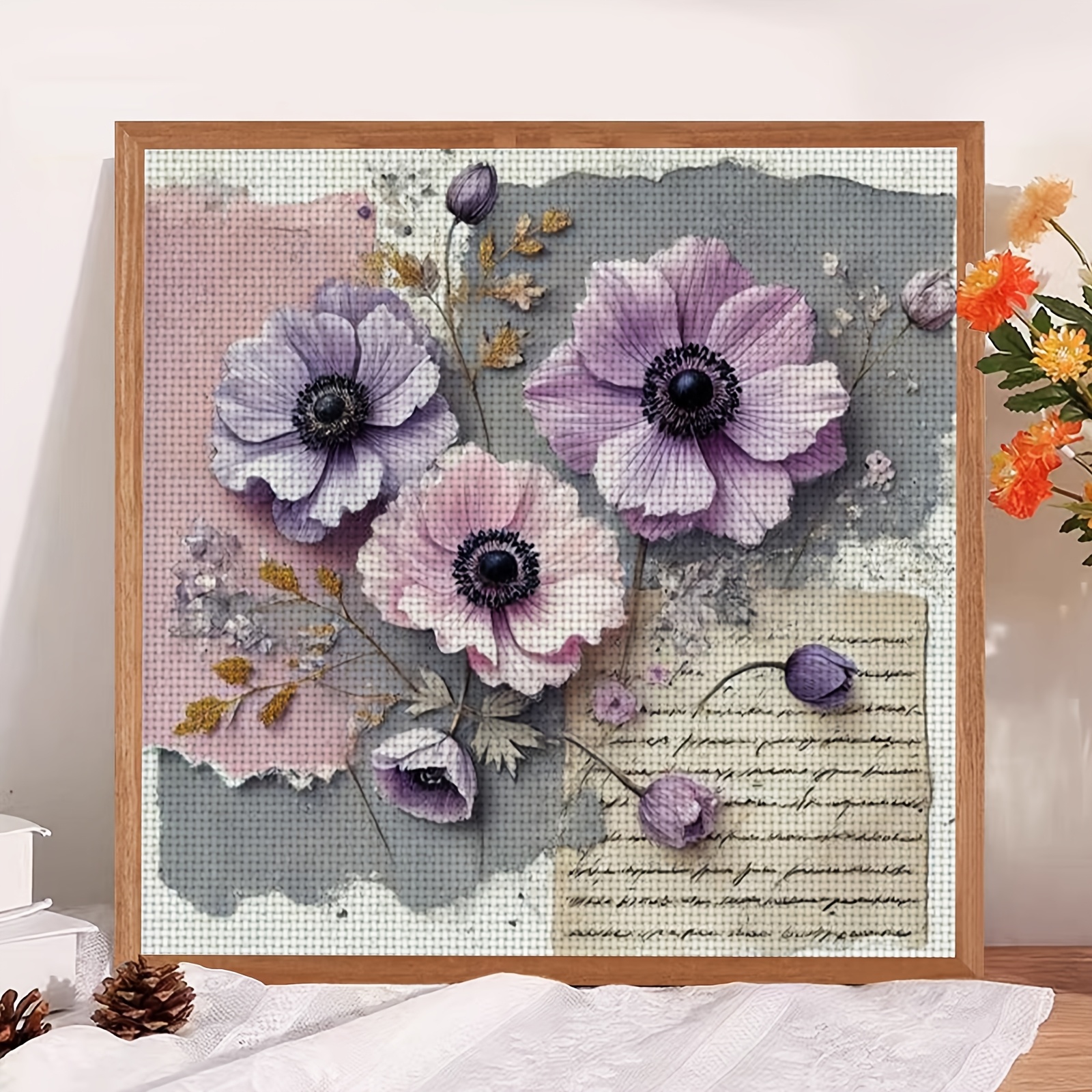 Cross-Stitch Printing Kit, Purple Flower Old Paper Decoration Pattern
