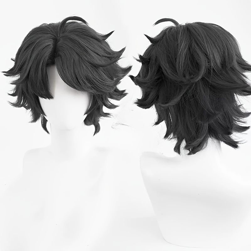 Black Anime Cosplay Wig - Split Short Style with Wolf Tail Updo &amp; Voluminous Bangs, Rose Net Cap for Secure Fit, Natural Look for Daily Wear, Music Festivals, Role-Play &amp; Parties (Unisex, All Ethnicities), Anime Wig, Party Accessory, Comfortable Fit