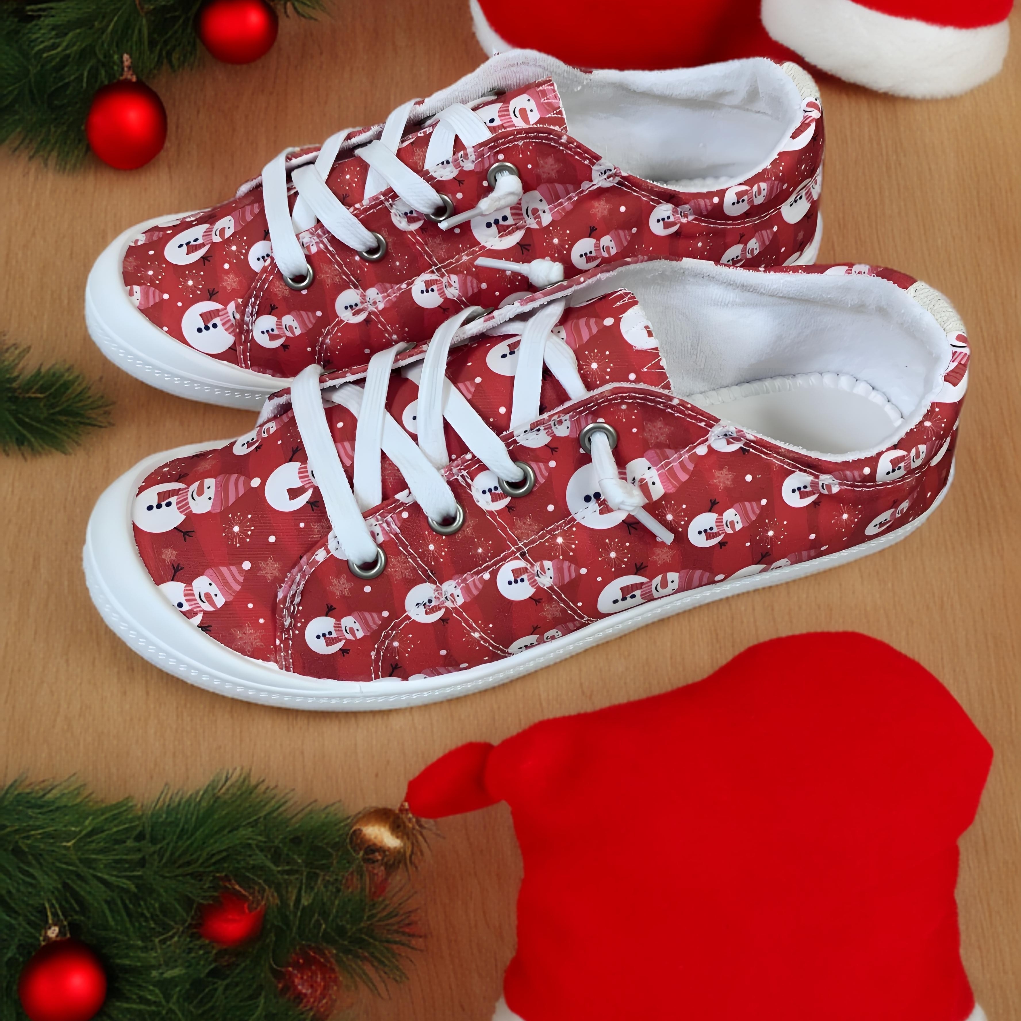 

Festive Red Snowman Canvas Sneakers - Women's Casual Lace-up Shoes With Soft Pu Sole And Fabric Upper