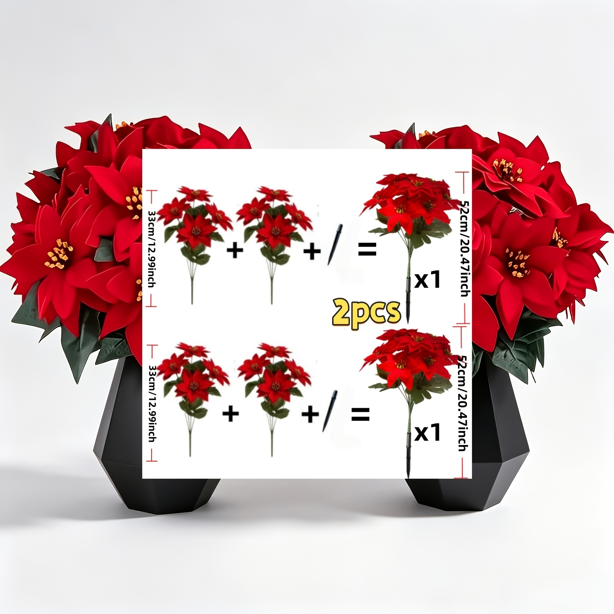TEMU 2 Sets, Includes 4 Stems Of Flowers And 2 Ground Stakes, Artificial Poinsettia Flowers With Ground Stakes, Floral Decor, Plastic Greenery, For