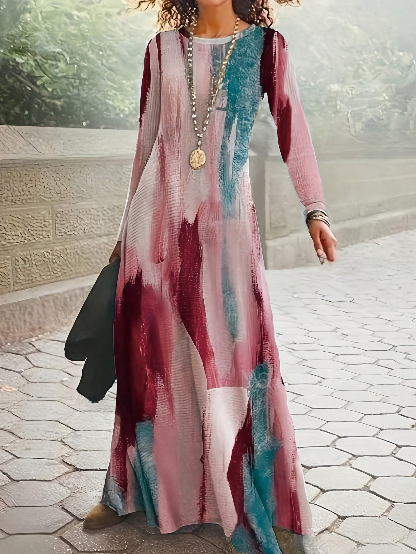 1pc elegant polyester maxi dress women tribal brush print Temu
