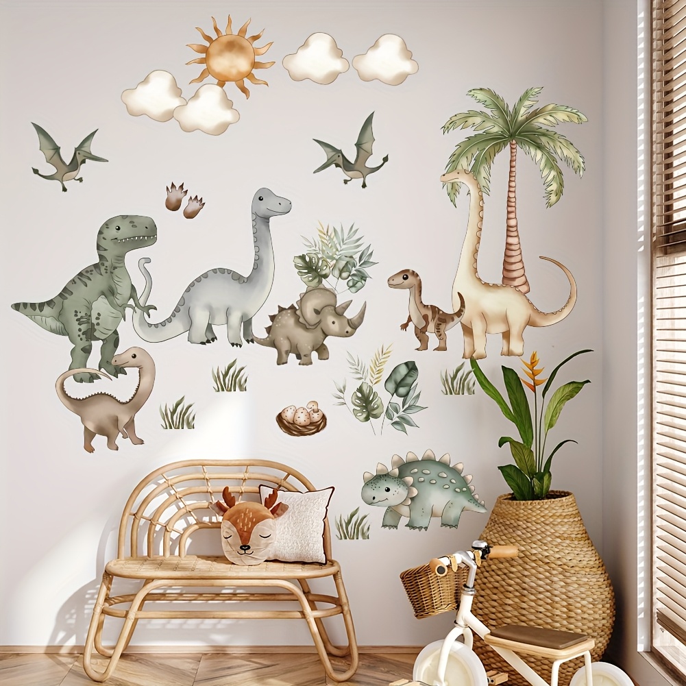 dinosaur theme sun coconut tree wall decal vibrant pvc self   sticker for bedroom living room or play area decor   stick design dinosaur room decor