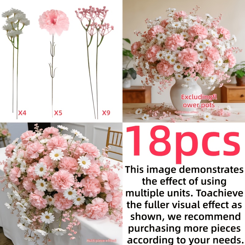 TEMU 18pcs Artificial Carnation Bouquet With White Daisies And Pink 's Breath - Realistic Pink And White Plastic Flowers, Suitable For Home Decor,