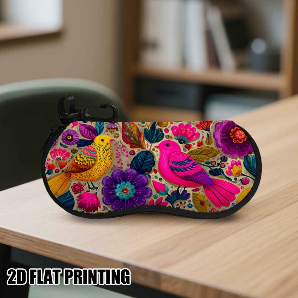 TEMU 1 stuk 2D platte brillenkoker met helder vogel- en bloemenpatroon, ultralichte brillenkoker met rits en sleutelhanger, perfect voor brillen en