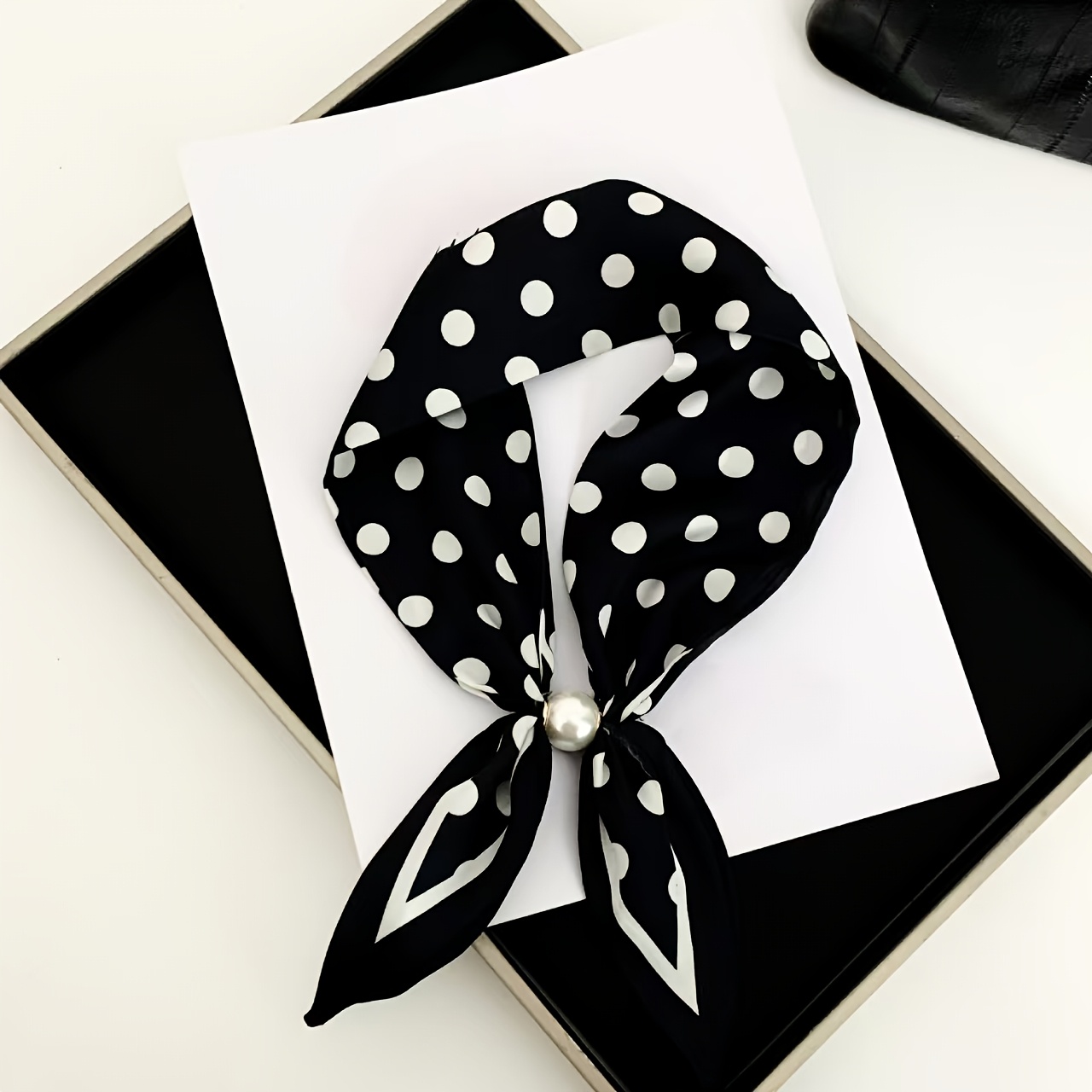 TEMU Oaw Women's Black & White Polka Dot Scarf - /korean Style Neckerchief Suitable For Commuting, Dress, Straw Hat Collar, Bag Wraps & Wrist Bands -