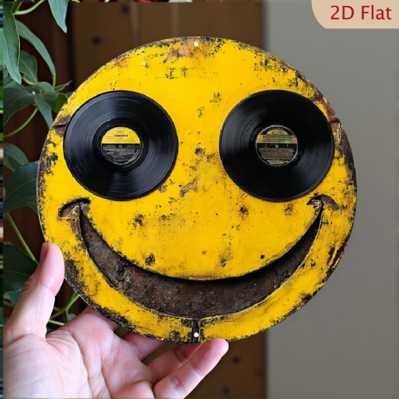 E-shop 2D Flache Retro Smiley Gesicht Wanddeko - Fröhliche Gelbe Braune Nostalgische Dekoration - Robustes 8X8 Zoll Rundes Aluminiumschild für Zuhause,