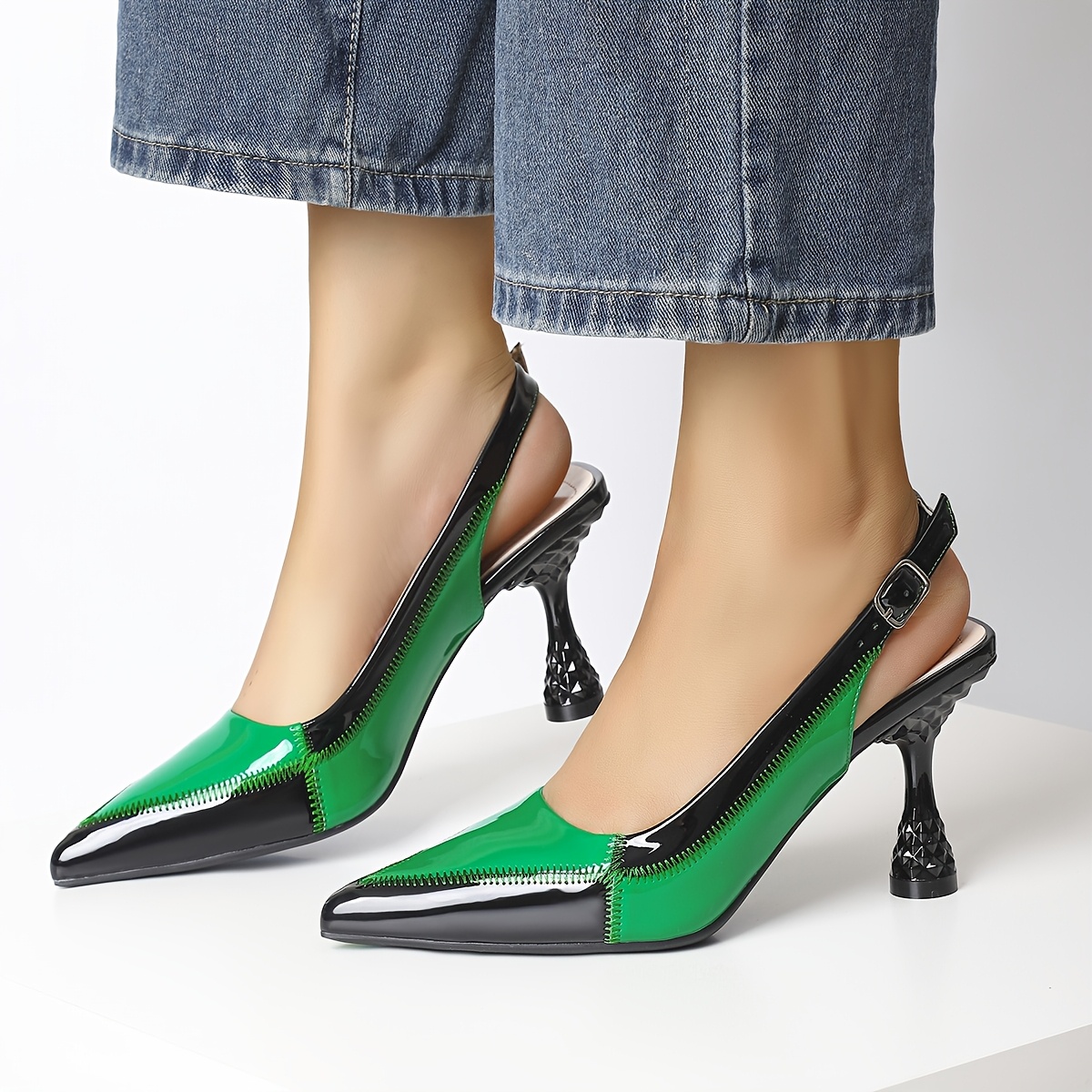 elegant green black slingback pumps pointed toe stiletto Temu