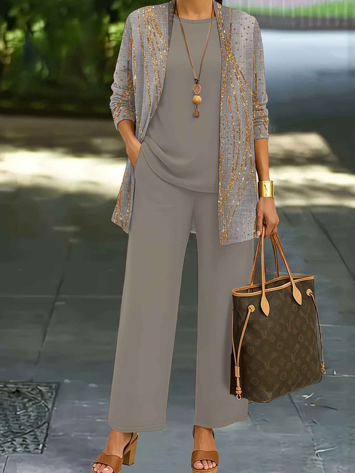 3pcs womens set graphic print cardigan jacket with tank top and elegant casual pants essential for casual attire