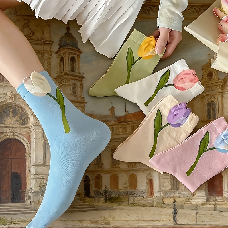 TEMU 5-pair Women's Boneless Tulip Socks - Floral Mid-calf Socks Suitable For , Thin Spring/summer Tulle Suitable For,, Casual Attire, Machine