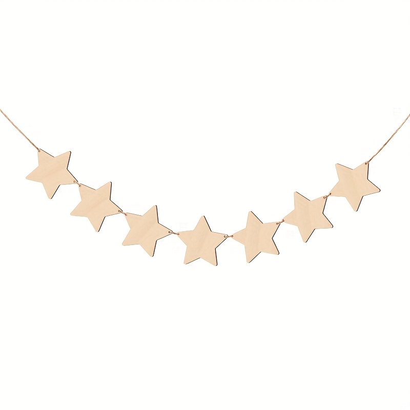Image of 1set Star Banner Garland, Wooden Star Banner, Bunting, Wooden Star With Twine, Unfinished Flag For Room, Wall Hanging Decoration, Living Room Decors, Wedding Birthday Party Decoration