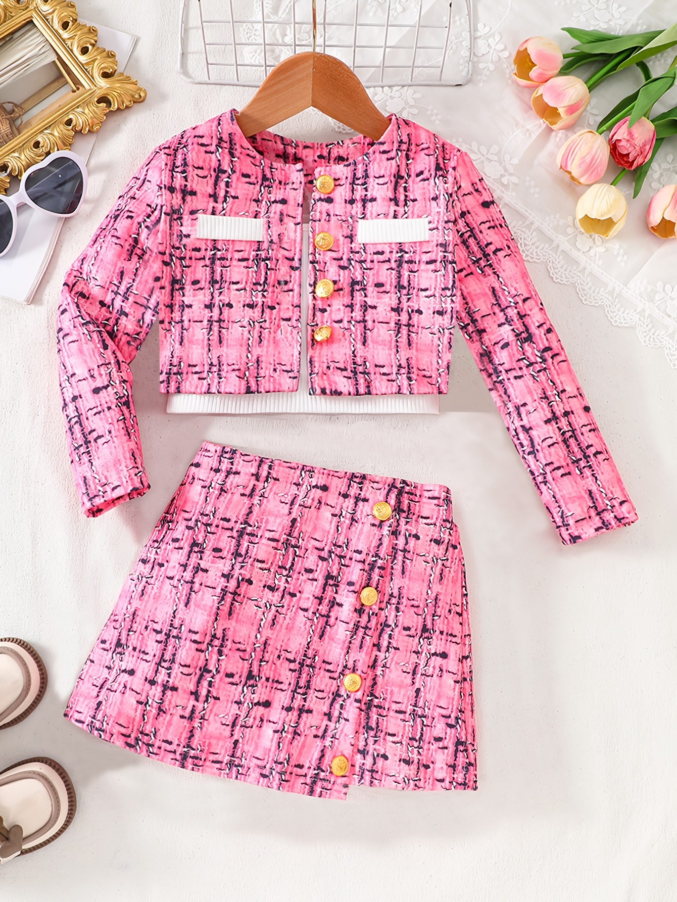 3pcs girls spring autumn set lightweight knit button up long sleeve jacket stretchy camisole   skirt for girls aged 3 8 suitable for outdoor wear Product details 10