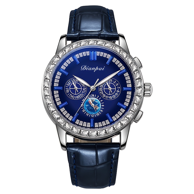 Dianpai Men' Mechanical Watch Inlaid With Exquisite Faux Leather Strap Blue Large Dial Luminous Multifunctional Men's Birthday Gift Wristwatch, Without Battery