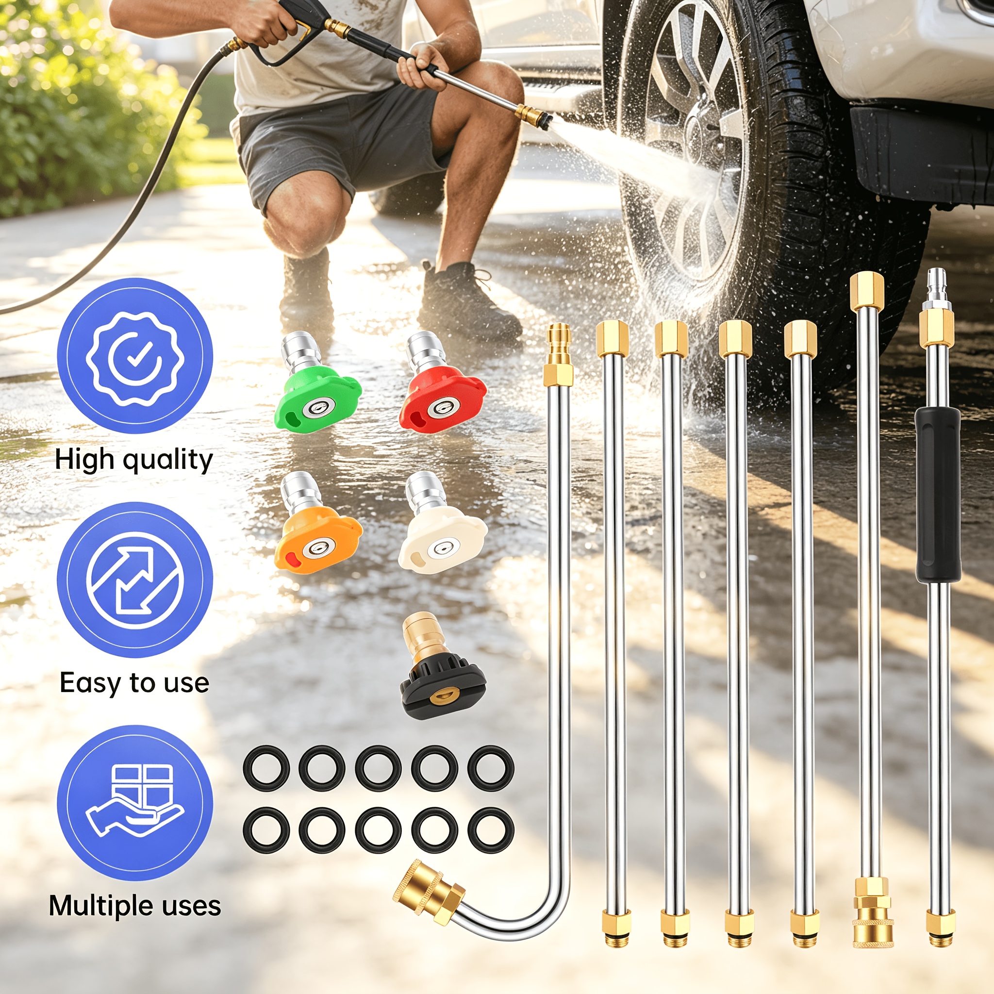TEMU Heavy Duty Extension Pole For Pressure Washer, 7pcs Brass & Stainless , 4000 Psi Resistance, 140°f , Adjustable Length 2.5m, Ideal For High